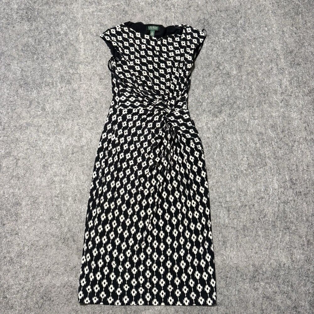 Lauren Ralph Lauren Dress Womens 2 Black White Geometric Twist Front Cap Sleeve